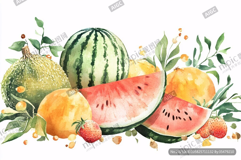 夏日繽紛水果水彩插畫