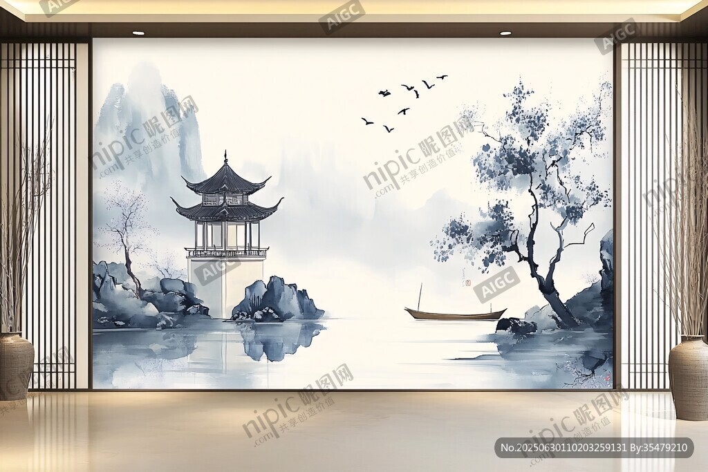 中式山水意境電視背景墻