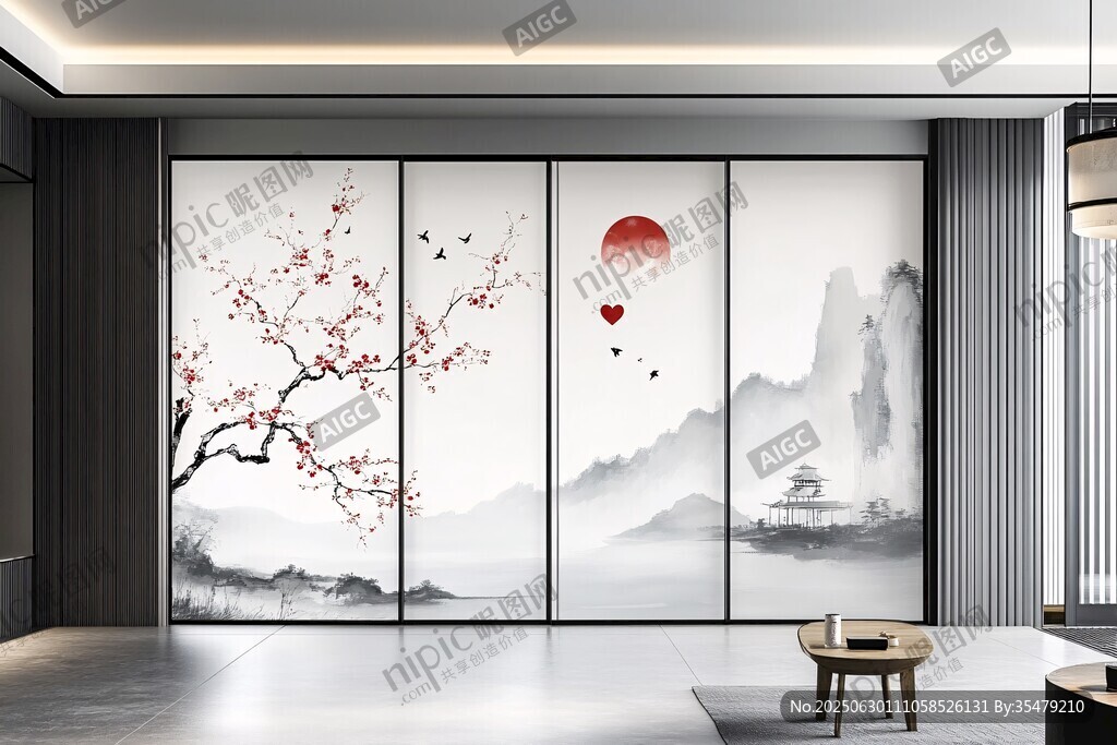 中式山水花鳥屏風裝飾畫