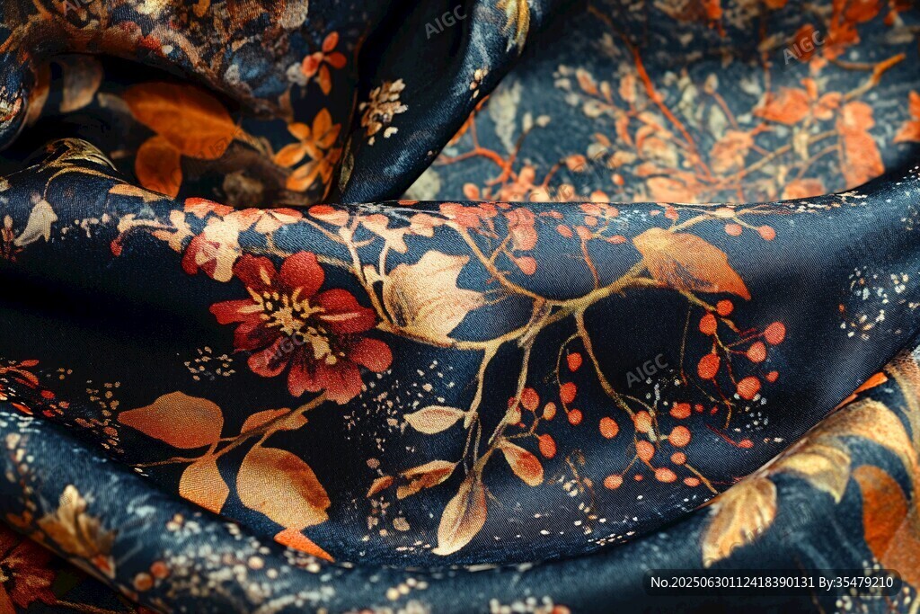 深藍(lán)花卉印花絲綢面料