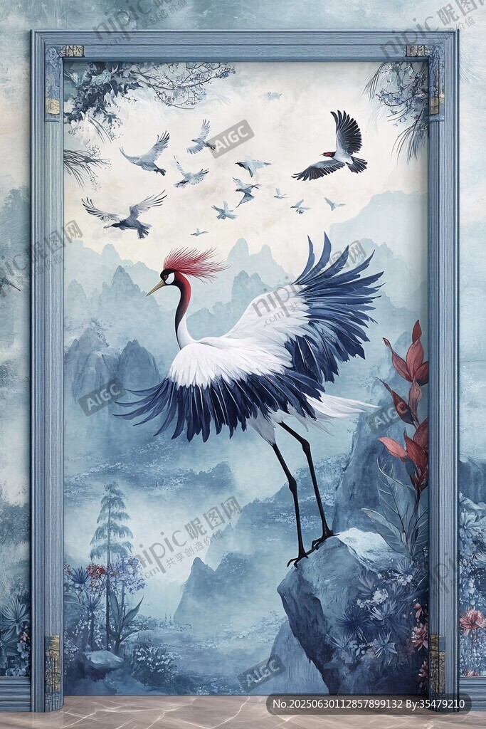 中式仙鶴山水玄關裝飾畫