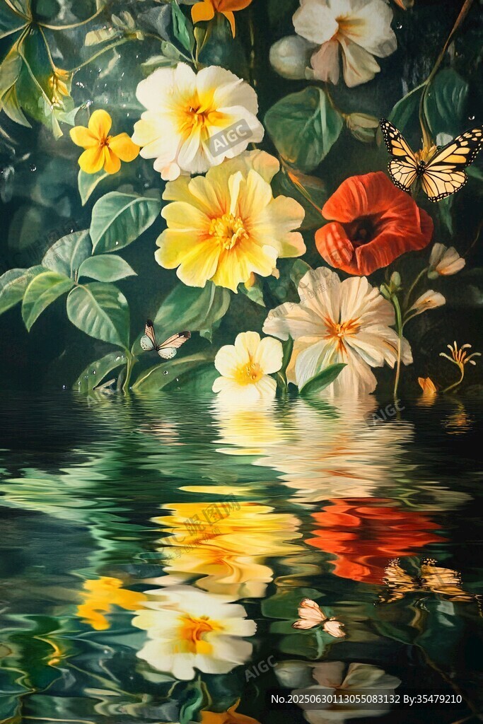 水中花卉與蝴蝶的夢(mèng)幻景致