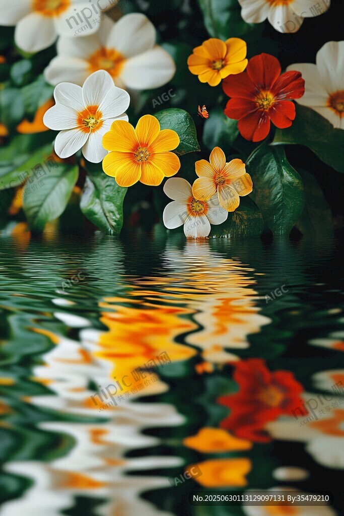 水中繁花 繽紛花朵與倒影