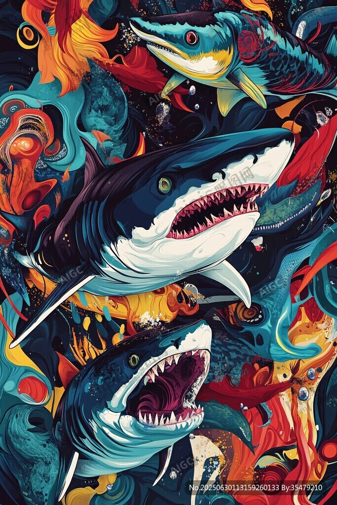奇幻海洋鯊魚群藝術插畫
