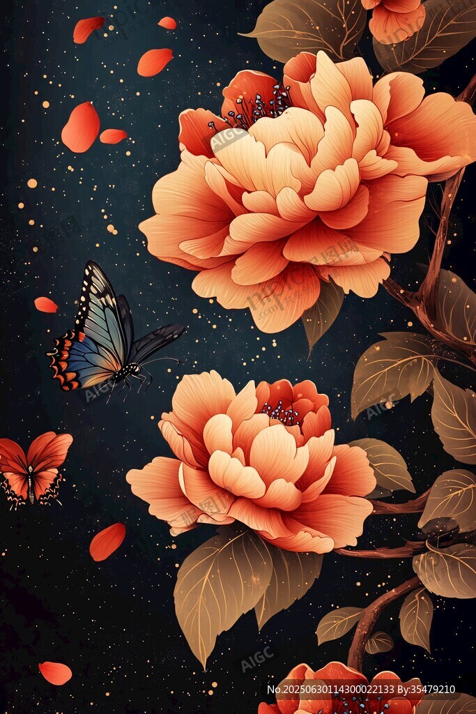夜下牡丹與蝶的夢(mèng)幻景致