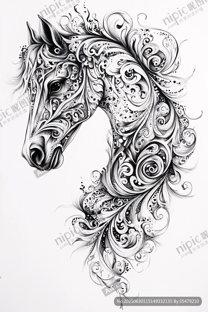 黑白花紋馬頭藝術插畫