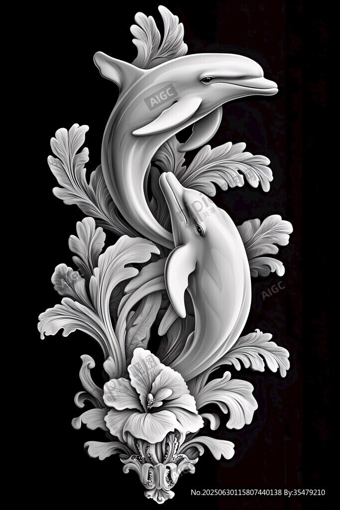 海豚花卉浮雕藝術圖案