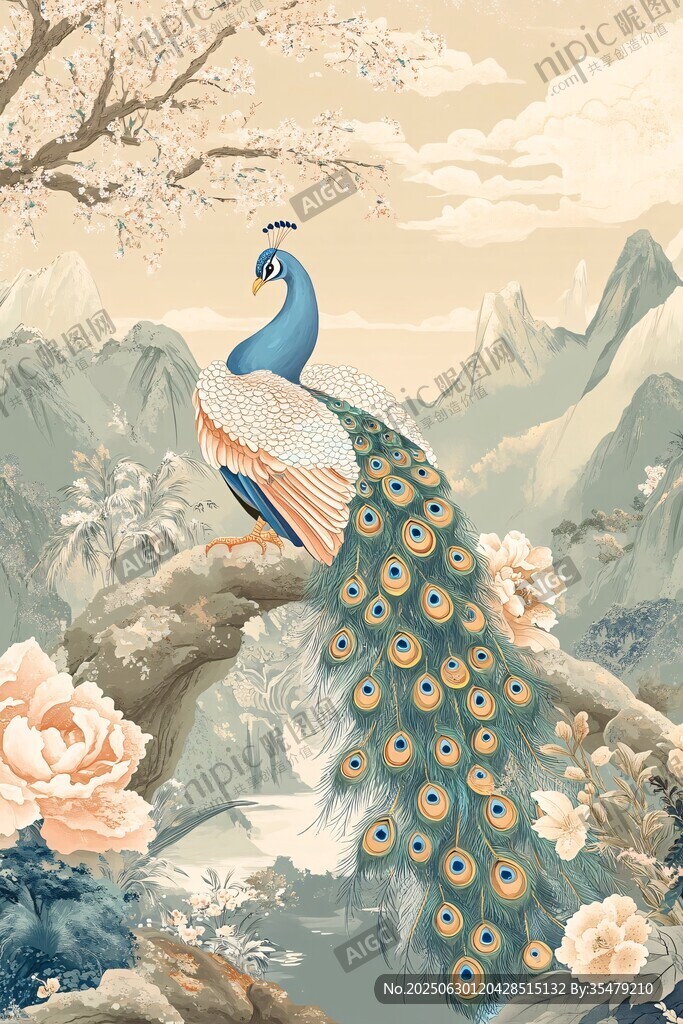 孔雀棲于繁花山水間