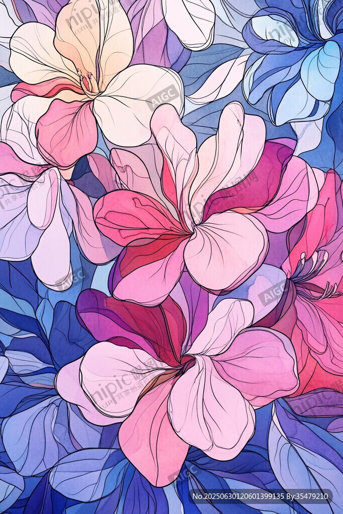 夢幻多彩花卉插畫