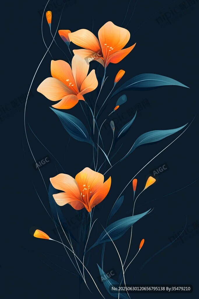 橙色花卉插畫 優(yōu)雅線條感