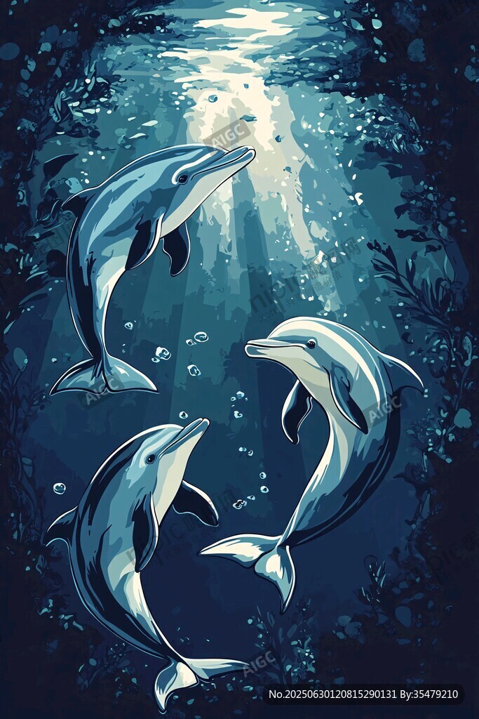 深海中游弋的三只海豚