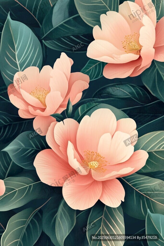 粉色山茶花與綠葉插畫