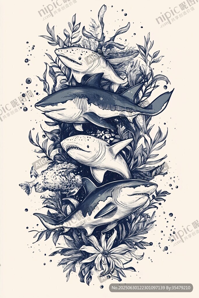 海洋魚類與植物插畫