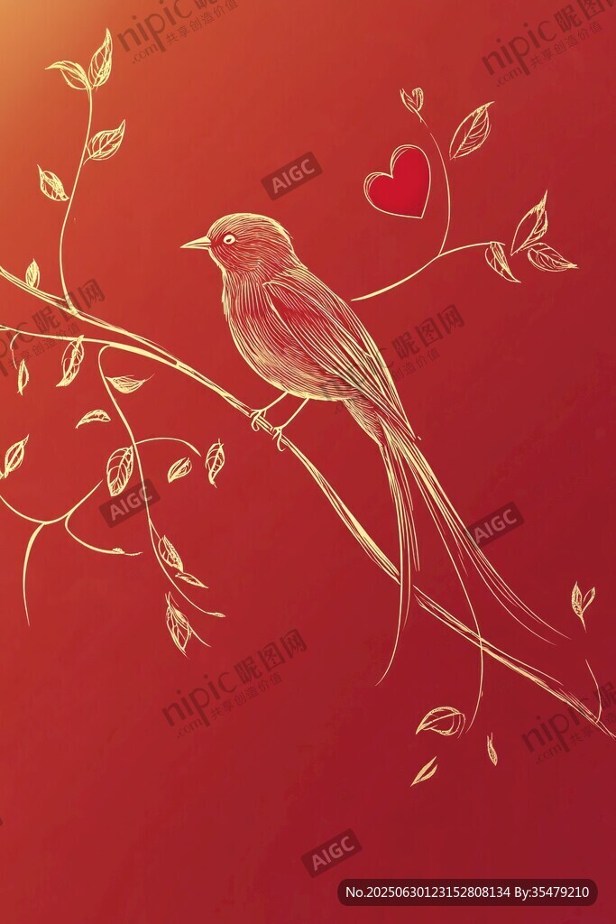 紅背景上的金鳥與愛心圖案