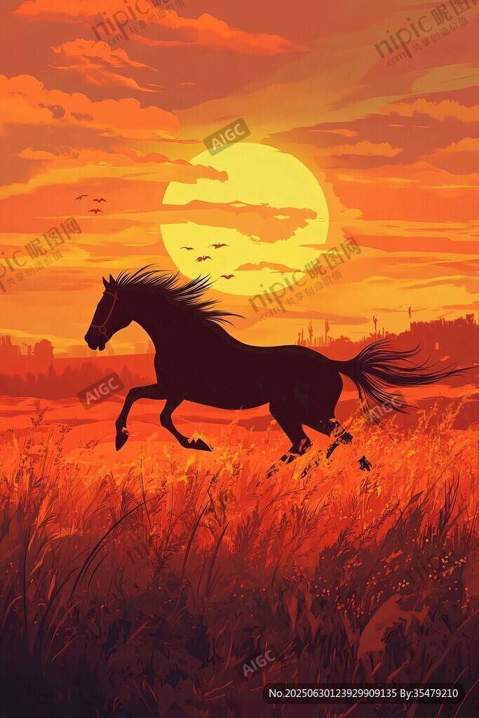夕陽下駿馬馳騁草原