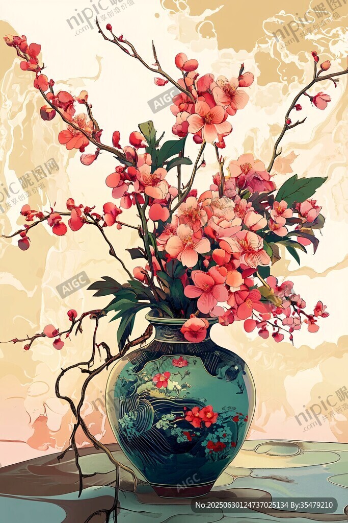 中式花瓶插滿艷麗桃花