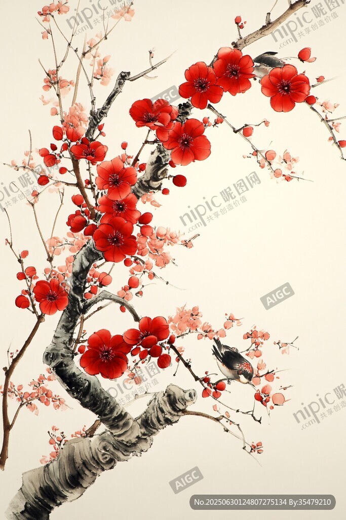 紅梅枝頭鳥棲圖
