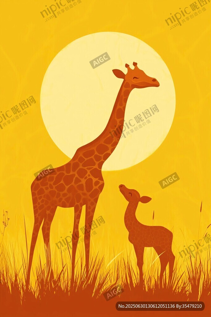 夕陽(yáng)下的長(zhǎng)頸鹿與小鹿