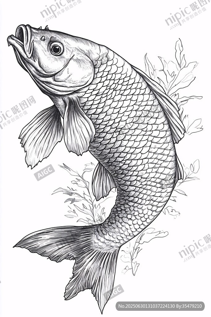 躍起的鯉魚手繪圖案