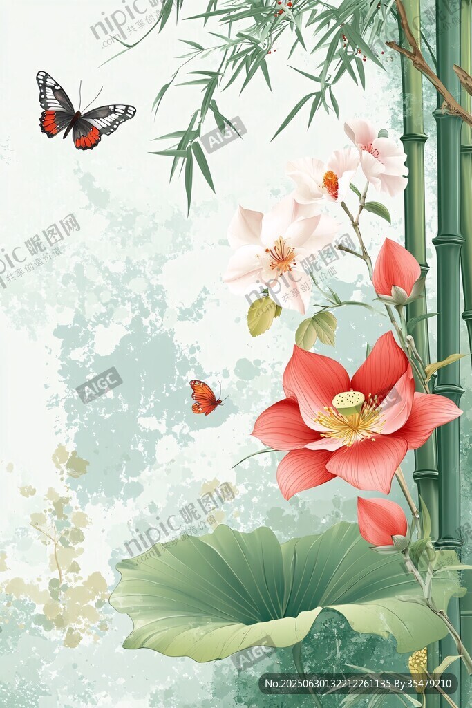 荷竹蝶趣圖