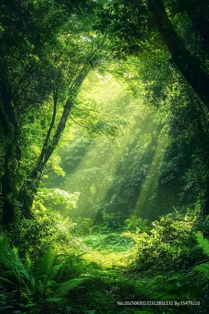 陽光穿透茂密森林的奇幻景象