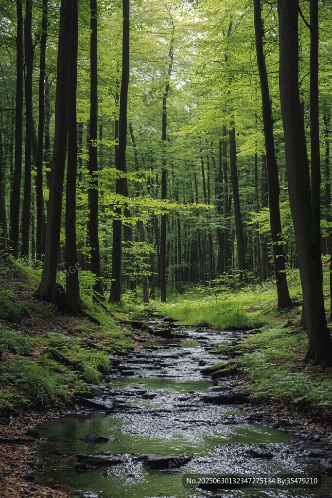 林間溪流 綠意盎然的自然勝景