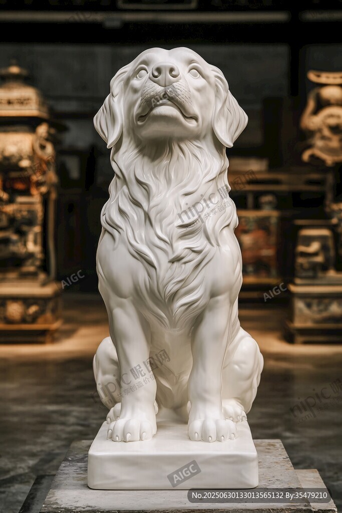 漢白玉坐立金毛犬雕塑