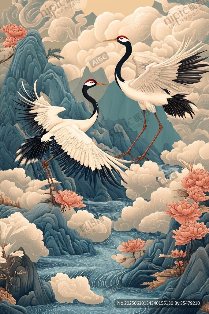 雙鶴翔于山水云霧間