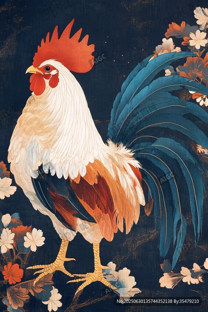 華麗公雞插畫 綻放花卉相伴