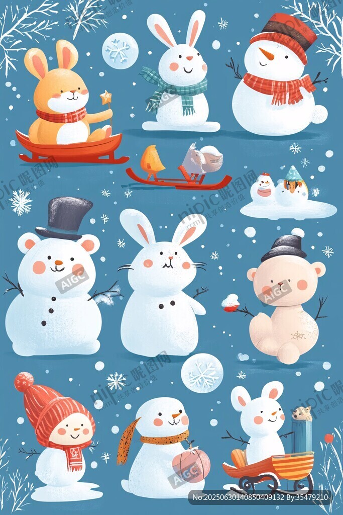 冬日萌趣動物與雪人聚會