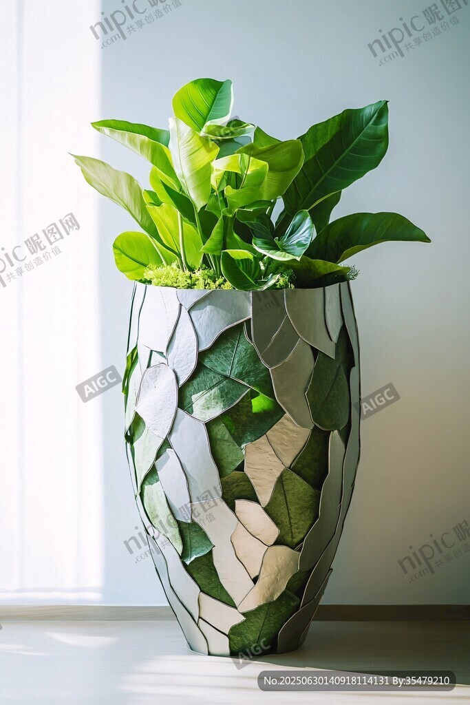 馬賽克花盆中的翠綠植物