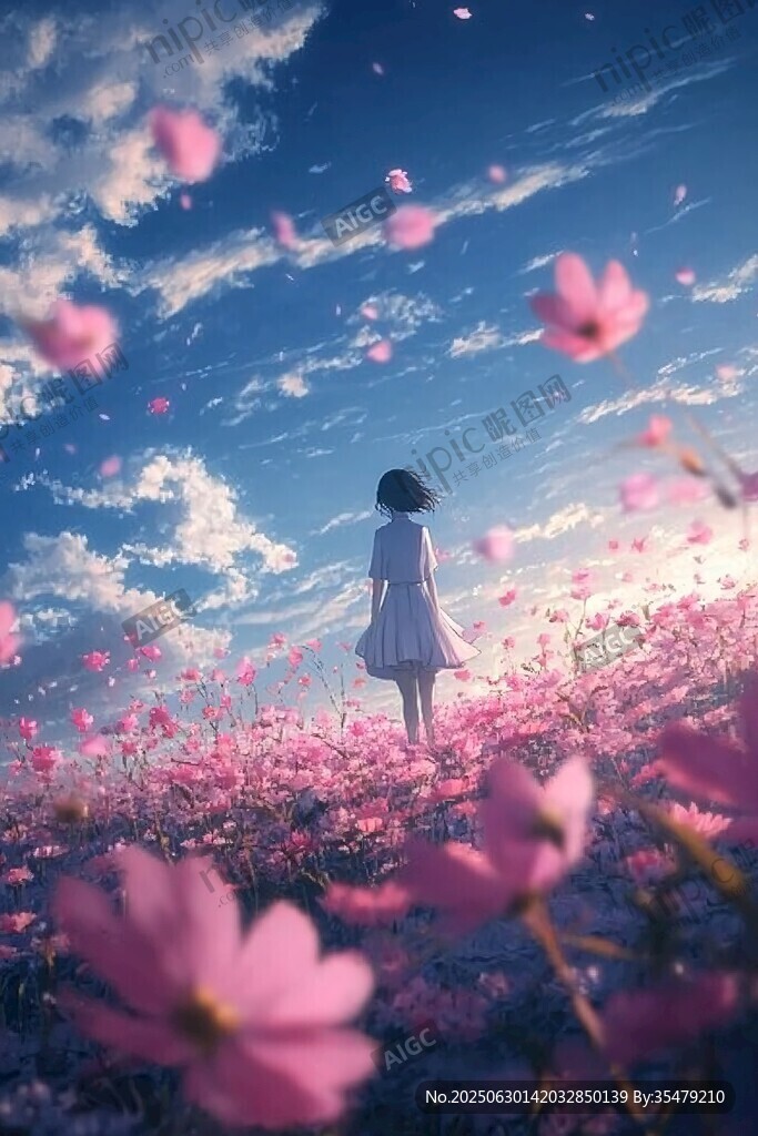 女孩漫步夢幻粉色花海