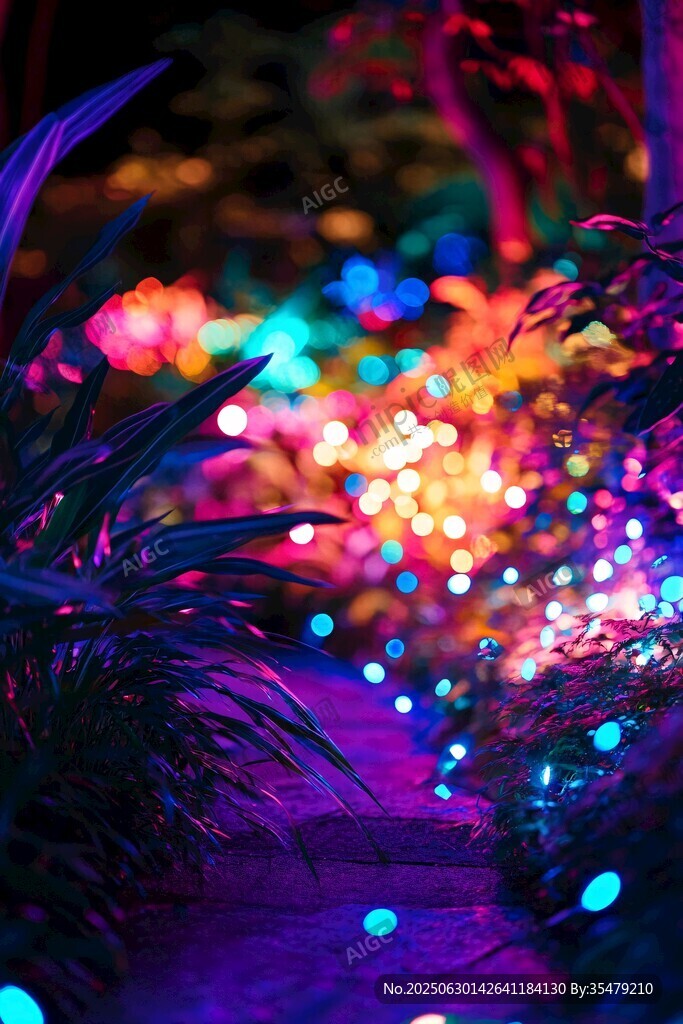 夢幻彩燈裝點的夜間小徑
