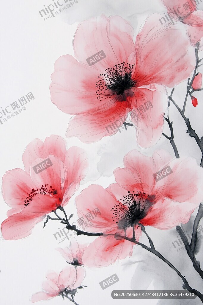 水墨風(fēng)綻放的嬌艷粉色花朵