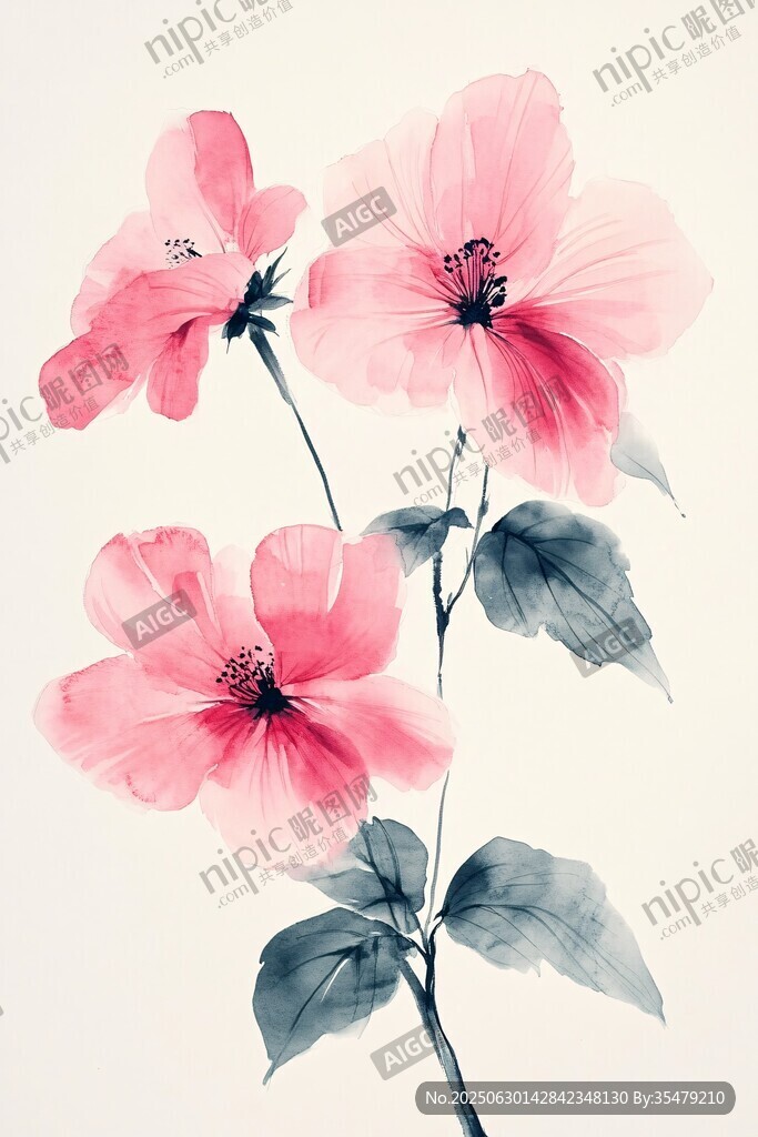 水墨風(fēng)粉色花卉雅致圖