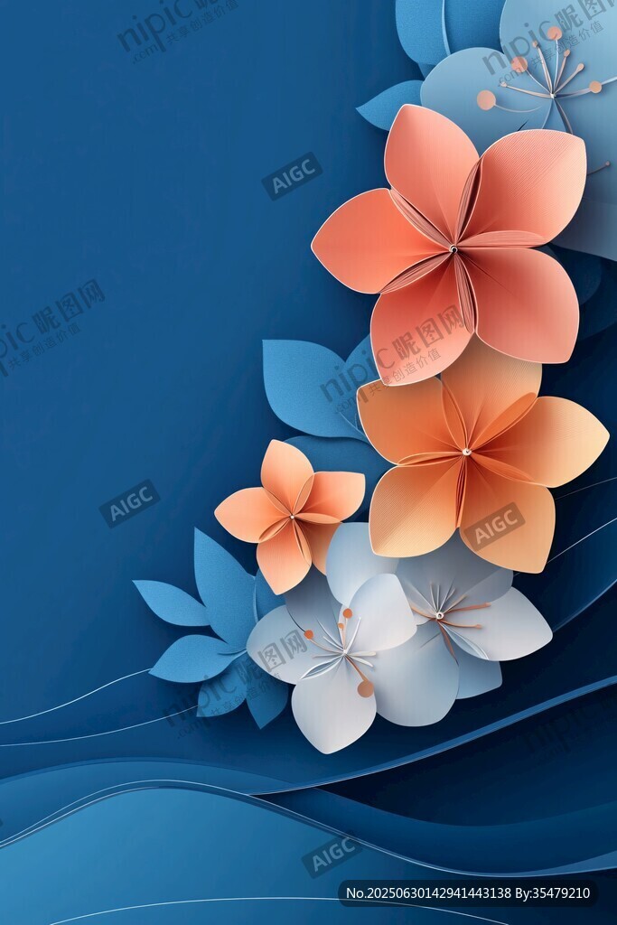 藍(lán)色背景上的立體折紙花卉