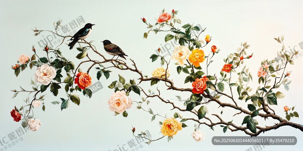 枝頭雙鳥伴繁花