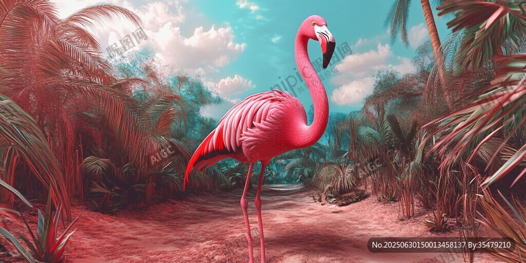 粉色火烈鳥(niǎo)漫步熱帶叢林