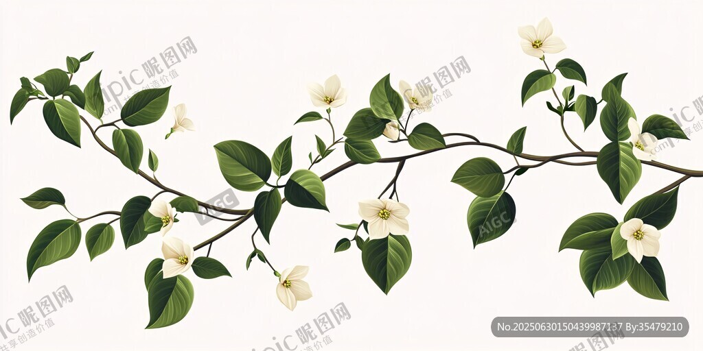 白色花朵綠葉纏繞枝條