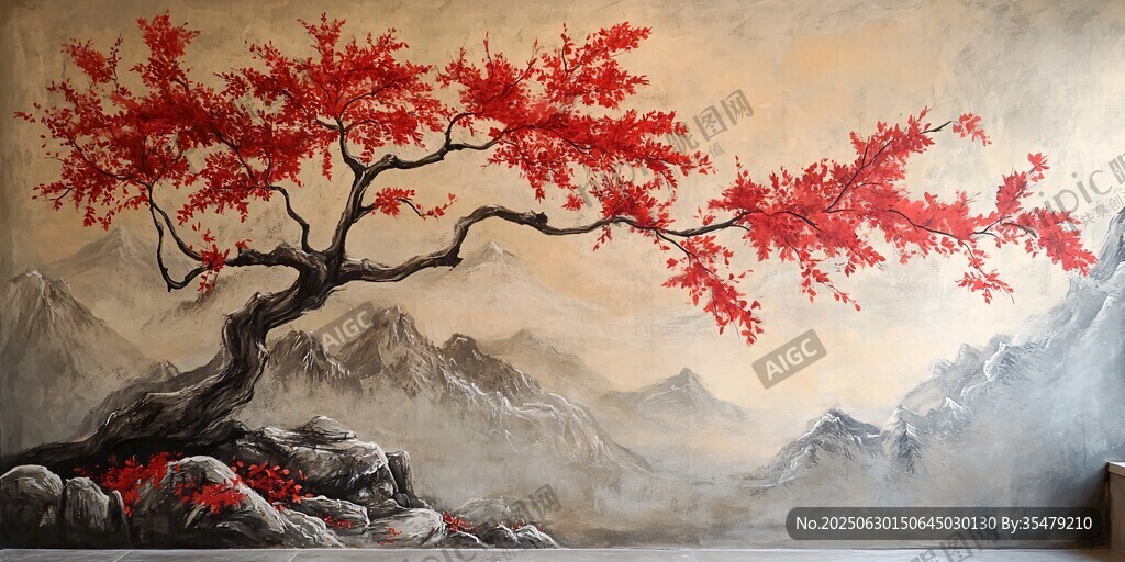 中式紅楓山水墻繪藝術