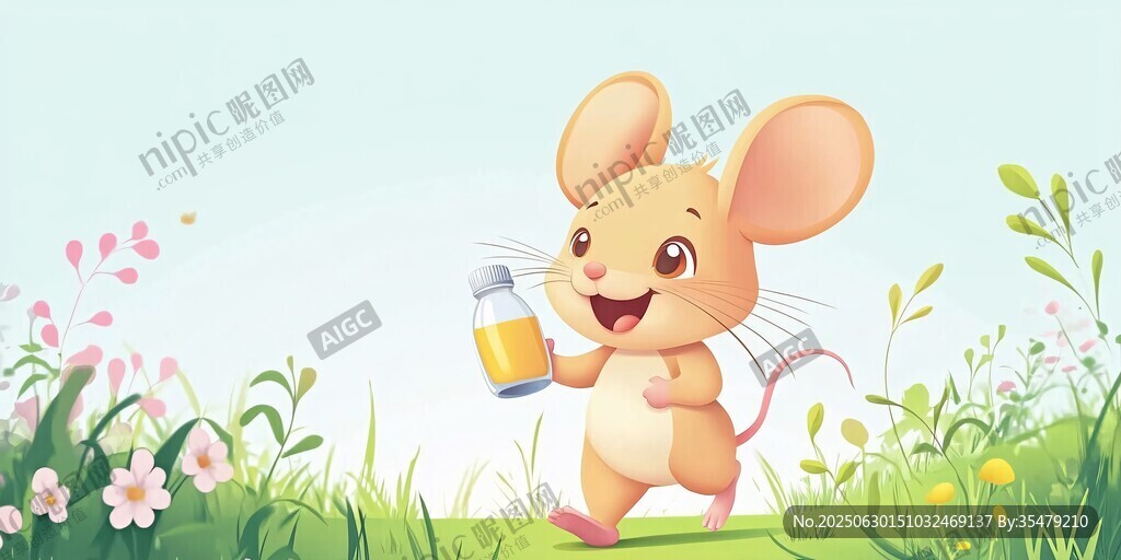 小老鼠手持飲料漫步花叢