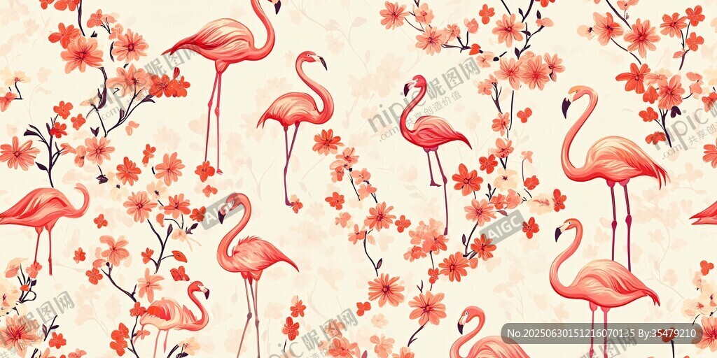 火烈鳥(niǎo)與花卉的唯美圖案