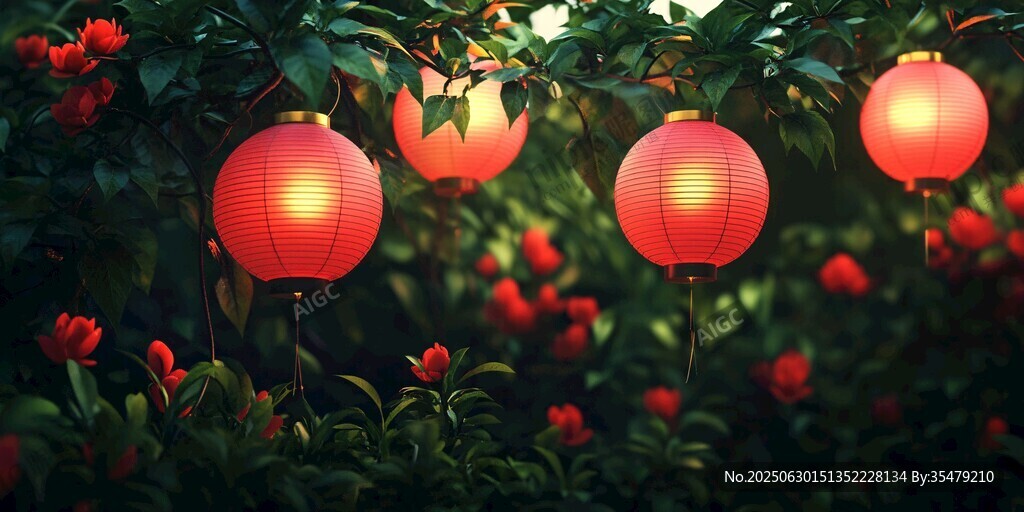 紅燈籠映繁花 詩意氛圍