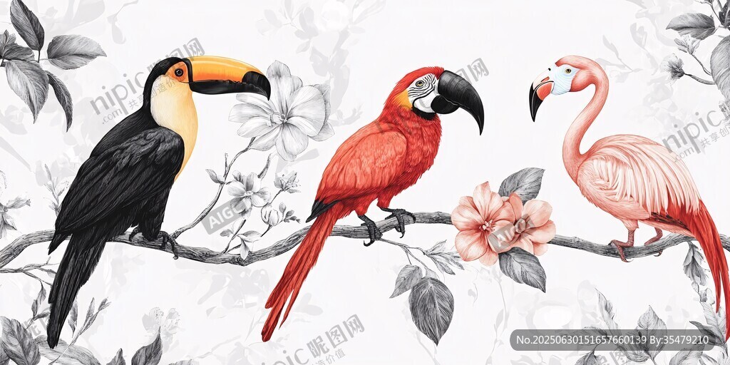 枝頭三鳥 巨嘴鳥與火烈鳥