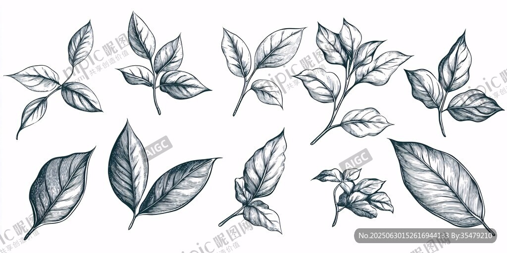 手繪風格多樣葉片插畫