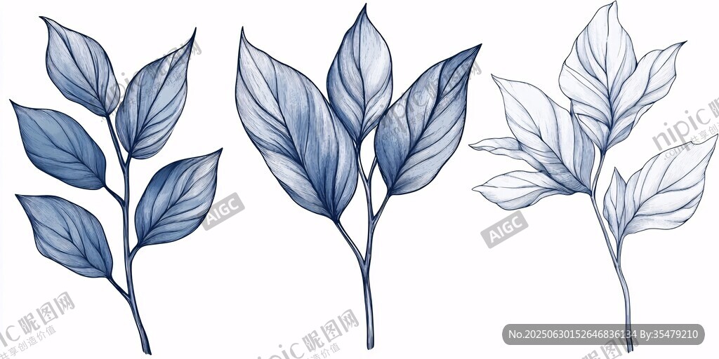 手繪藍(lán)調(diào)葉片植物插畫