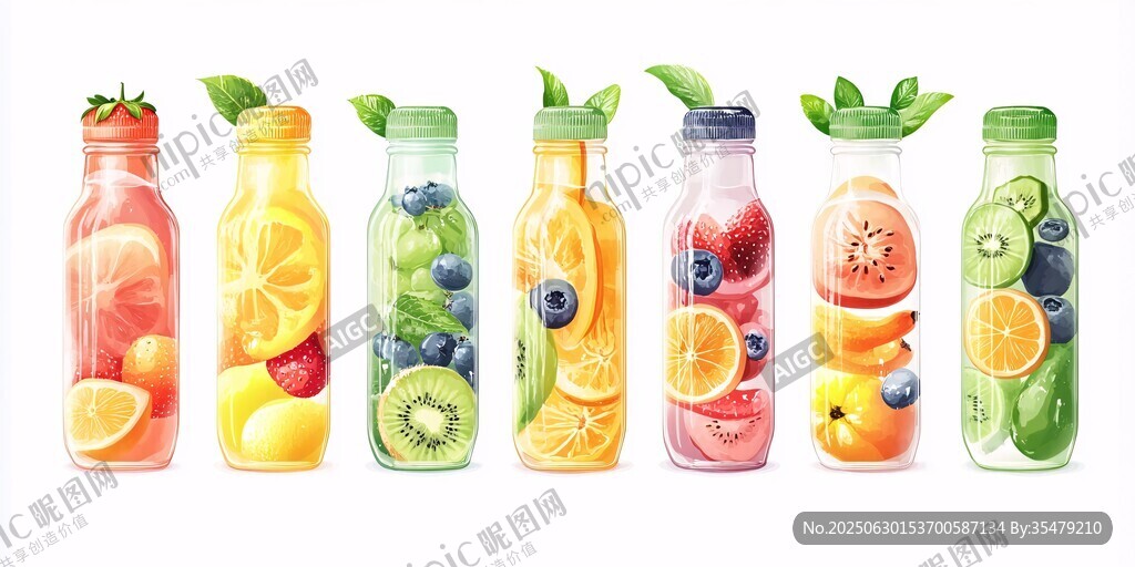 多彩水果瓶裝果汁插畫