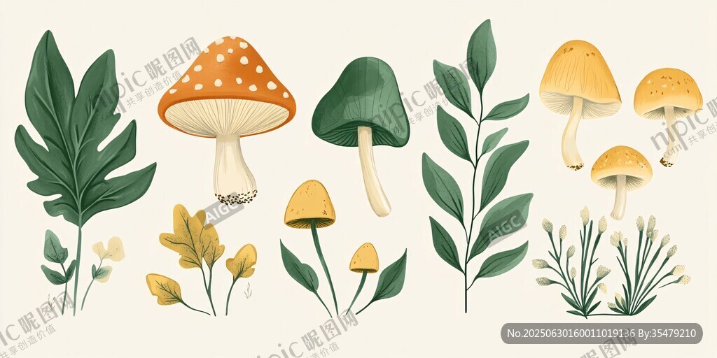 蘑菇與綠植的清新插畫