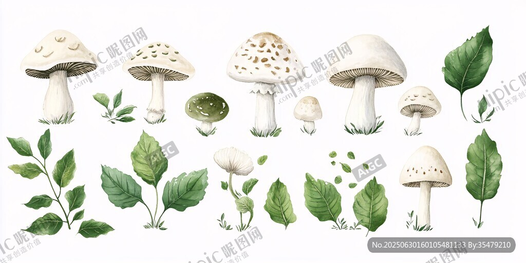 水彩繪蘑菇與綠葉素材集