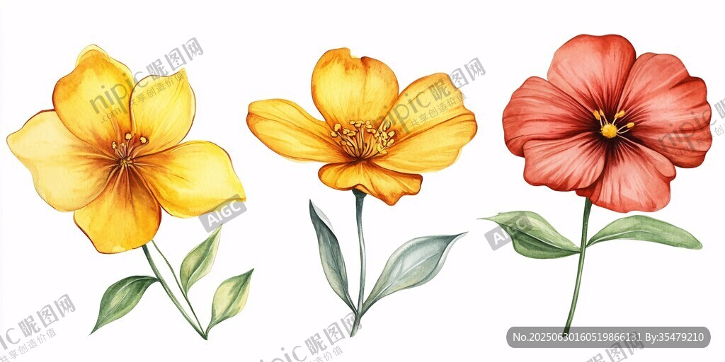 三色花卉水彩插畫